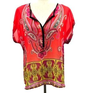 Wrapper Womens Red Paisley Chiffon Split Neck Dolman Blouse Medium